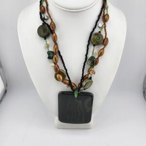 You And I Green Black Brown Multistrand Layered Large Pendant‎ Beaded Necklace